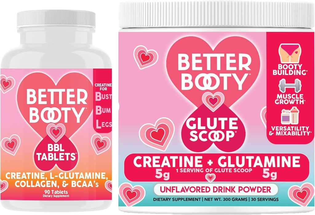 Suplimente Angry mai bine Booty Femeii Create Combo: BBL Tablets (90ct) w. Creatină, Glutamina, BCAA's, Colagen + Glute Scoop Creatina & Glutamina Drink Mix