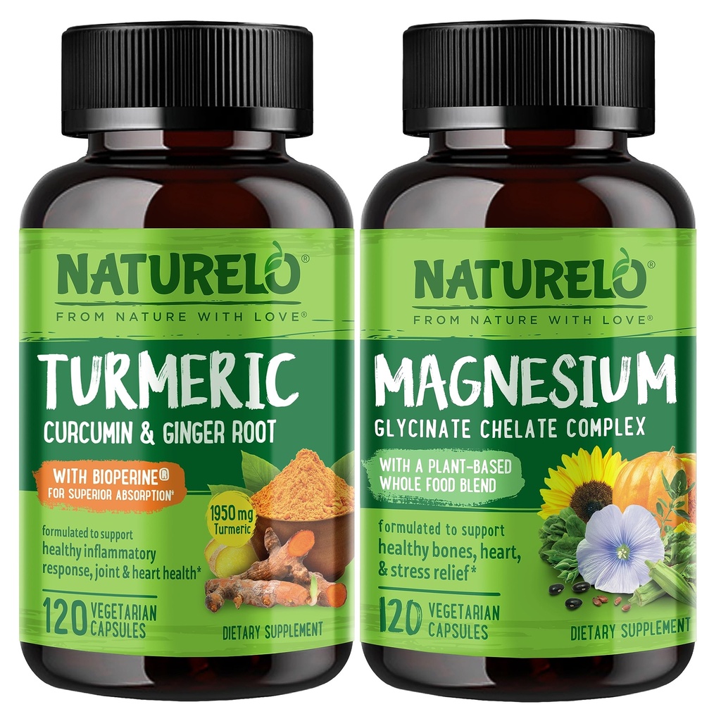 NATURO Tumeric Curcumina, Suport comun pe bază de plante, Glicinat de magneziu, 200 mg Magneziu - Gluten gratuit, Non OMG - 120 capsule