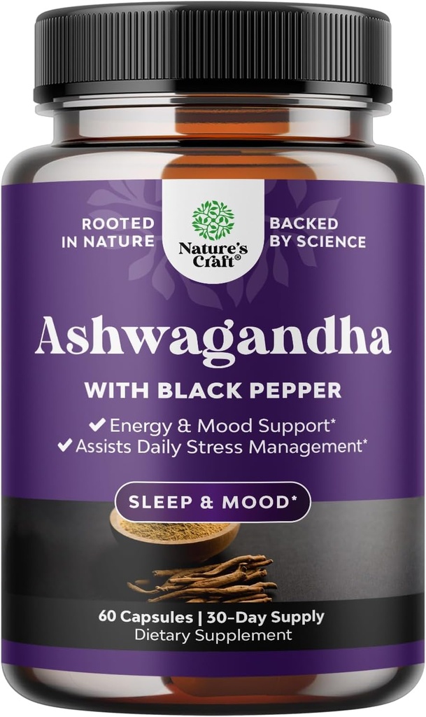 Organic Ashwagandha Root Powder 60 capsule - Ashwagandha cu Black Pepper Extract de pulbere Suplimente pentru relaxare, Sleep & Immune Support pentru Femei & Bărbați - Organic Whitania Somnifera Root Suplimente