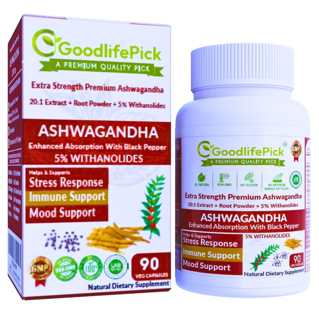 Capsule Premium Ashwagandha cu piper negru. Puternic 5% Wtanolide din Ashwagandha pulbere & 20:1 Extract 90 ct. Natural NonGMO pulbere de orez NO Filler