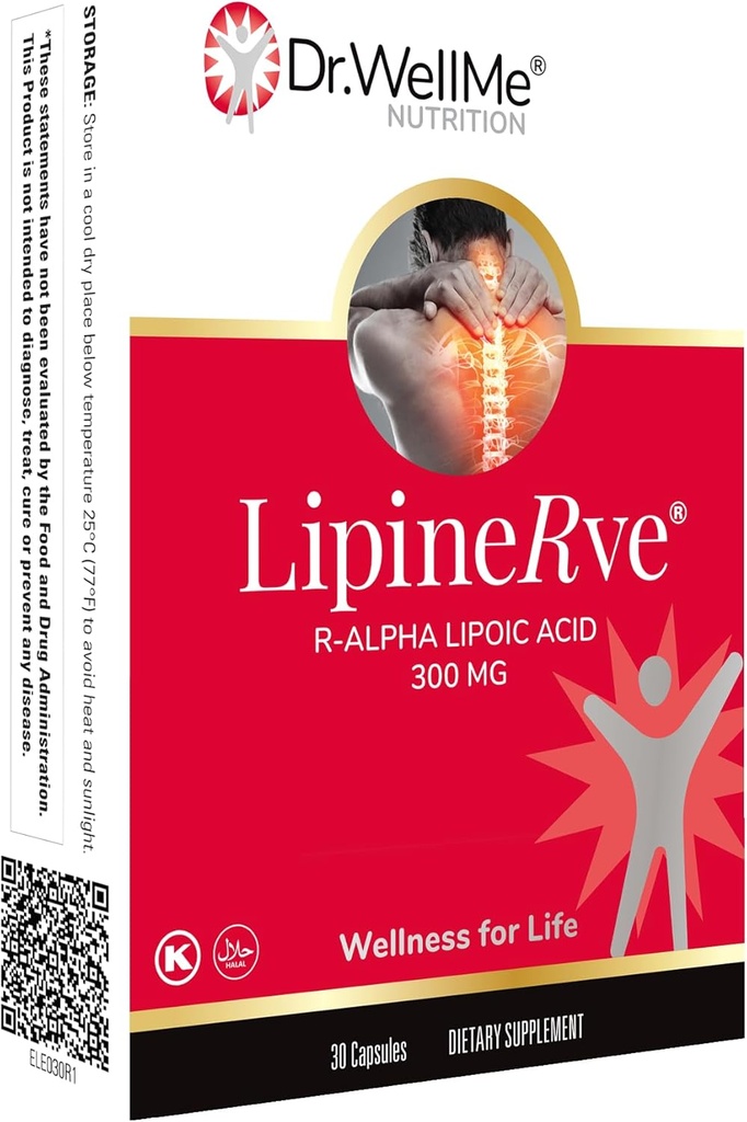 Dr. WellMe Lipinerve R Alpha Acid lipoic 300mg Capsule Per Serving - un supliment antioxidant, Kosher 