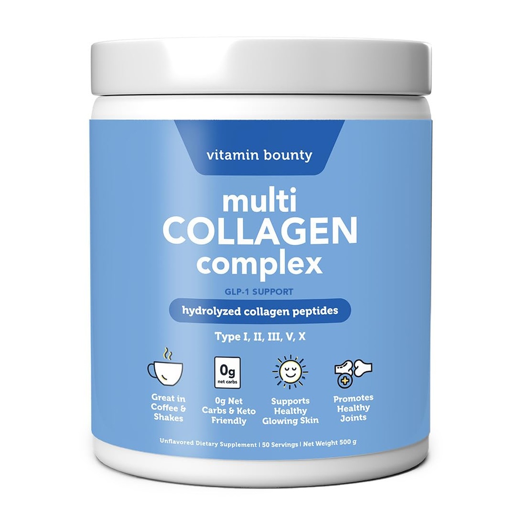 Vitamina Bounty Multi Colagen Complex - Hidrolized Colagen Peptides Tipurile I, II, III, V & X - Sprijină Elasticitatea pielii, Sănătatea comună, Creşterea părului şi unghiilor - 50 Serviri