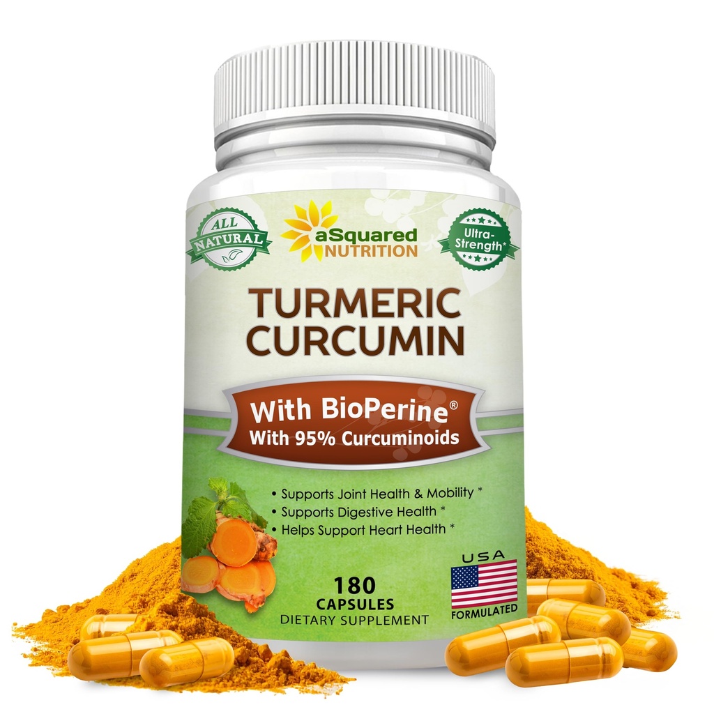 aSquared Nutrition Curcumin Turmeric 1300mg cu extract BioPerine Black Pepper - 180 capsule - cu 95% Curcuminoide, 100% naturale Tumeric Root Powder Suplimente, Pilule Pure & comun Stiffness