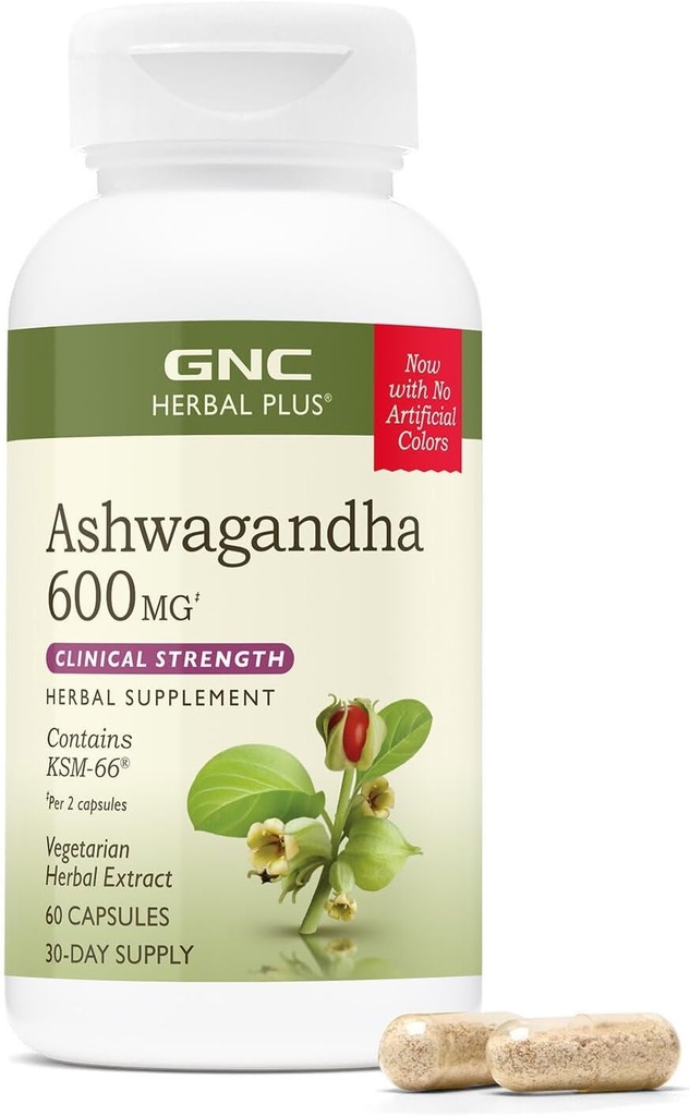 GNC Herbal Plus Ashwagandha 600mg Supliment, Clinic Putere, Vegetarian, Stres Ajutor Suport, 30 Serviri