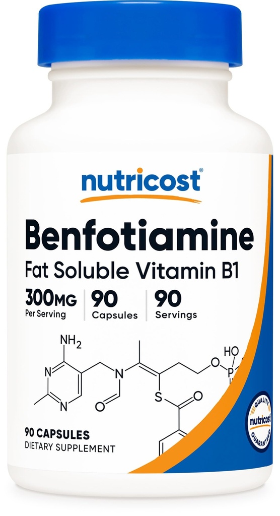 Nutricost Benfotiamină 300mg, 90 capsule - Gluten gratuit, non-GMO, și Vegetarian Fat Soluble Vitamina B1