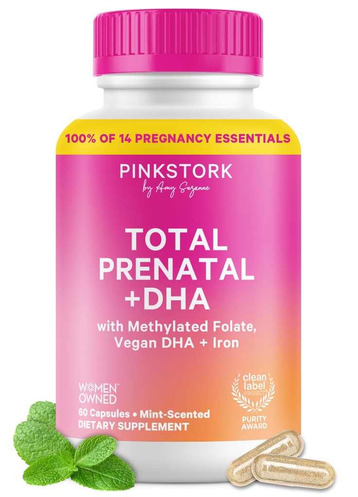 Roz Stork Total Vitamine prenatale cu DHA, Folat, Fier, colină și vitamina B12 - Preconcepție Nutriție - Prenatale pentru femei, Sarcina esențiale - Esență de mentă, 60 capsule, 1 lună de aprovizionare