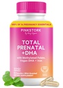 Roz Stork Total Vitamine prenatale cu DHA, Folat, Fier, colină și vitamina B12 - Preconcepție Nutriție - Prenatale pentru femei, Sarcina esențiale - Esență de mentă, 60 capsule, 1 lună de aprovizionare