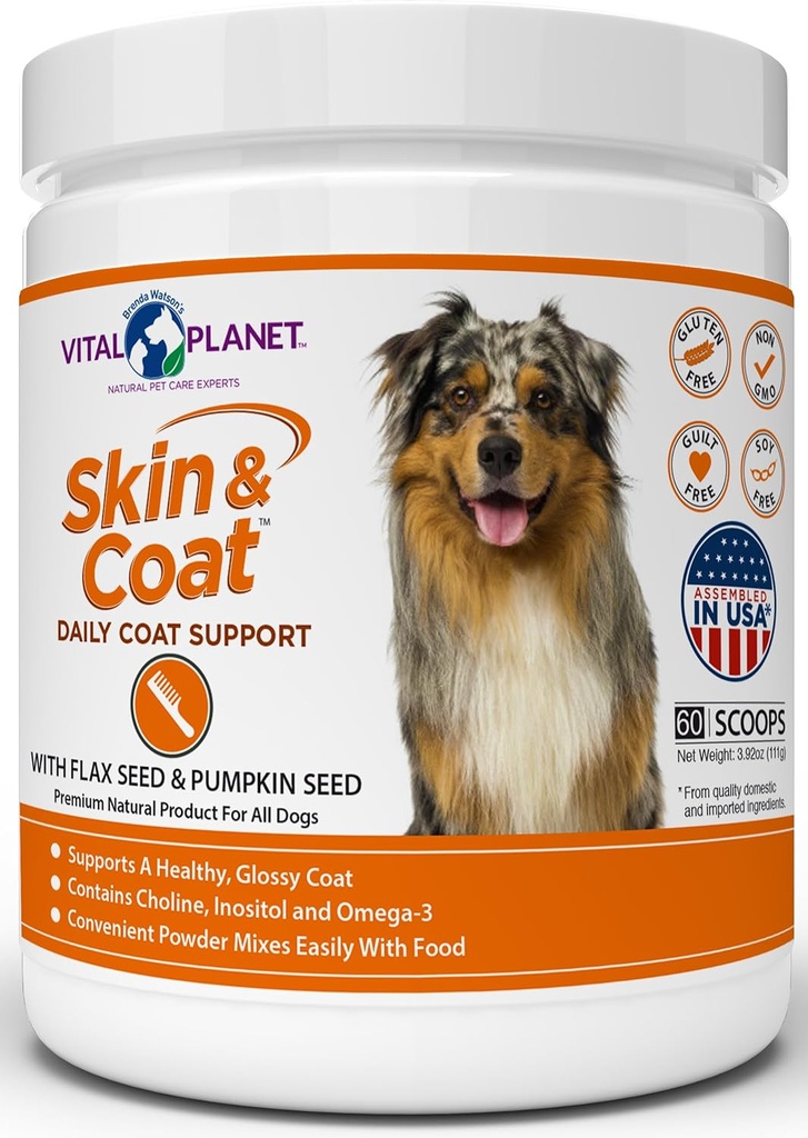 Planeta Vital - Skin and Coat Powder Supplement for Dogs with Choline, Inositol, Pumpkin, Flax and Omega-3 Oils to Support a Soft Shiny Healthy Coat and for Sezonieral Allergies - 60 Scoops, 111g, 3.92oz