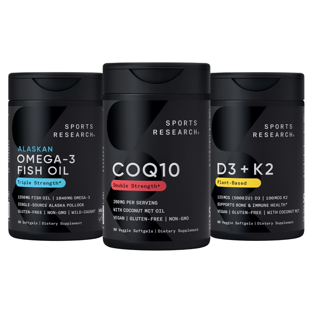 Sports Research 1250 mg Omega 3 Burpless Fish Oil from Single-Source Wild Alaskan Pollock, CoQ10 (200mg) Enhanced w/Coconut MCT Ulei pentru o mai bună absorbție și 5000iu vitamina D cu 100mcg Mk7 vitamina K