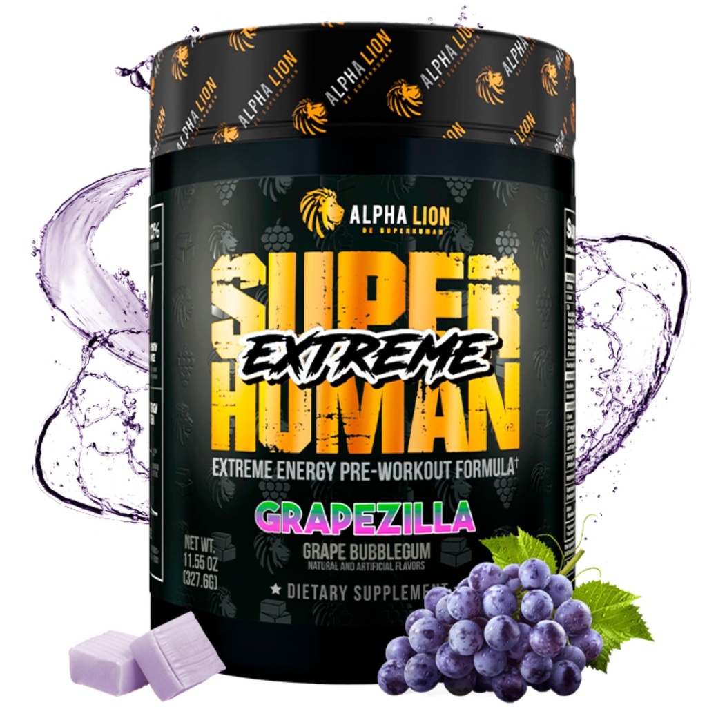 ALPHA LION Superuman Extreme Stim Pre Praf de antrenament, Beta Alanine, L-Taurine & 356mg Tri-Source Cafeina pentru energie sustinuta, Nitric oxid & Citrulină pentru pompa (21 Serviri, Aroma de struguri)