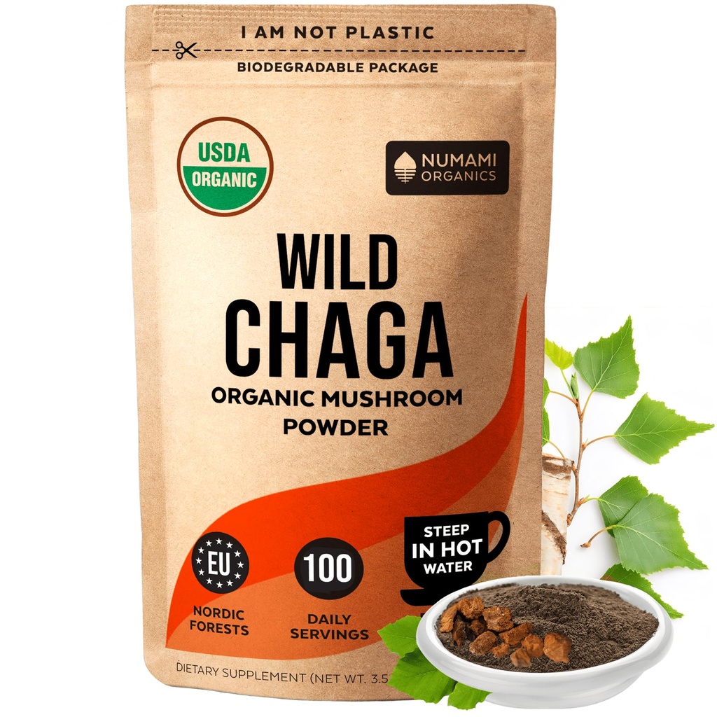 Ciucuri organice Chaga pulbere - praf fin pentru a face ceai Chaga pentru apărare imună și mai multă energie, Organic Chaga este sălbatic crescut și se recoltează în mod durabil în Europa, certificate USDA organice, 100 serviri
