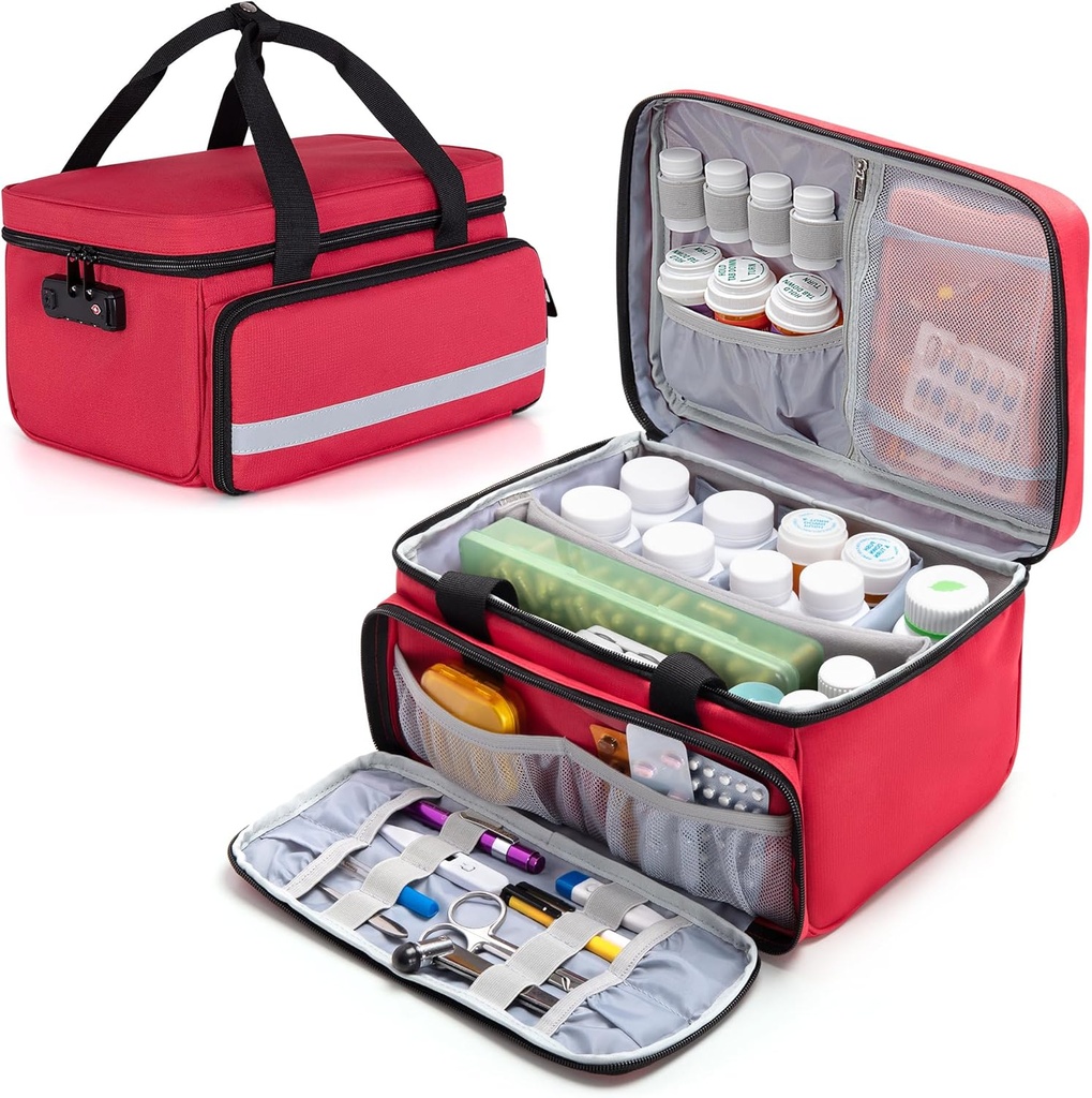 CURMIO Sticla organizator, sac de medicamente cu blocare pentru sticle de prescriptie medicala si truse de prim ajutor, rosu (design patentat)