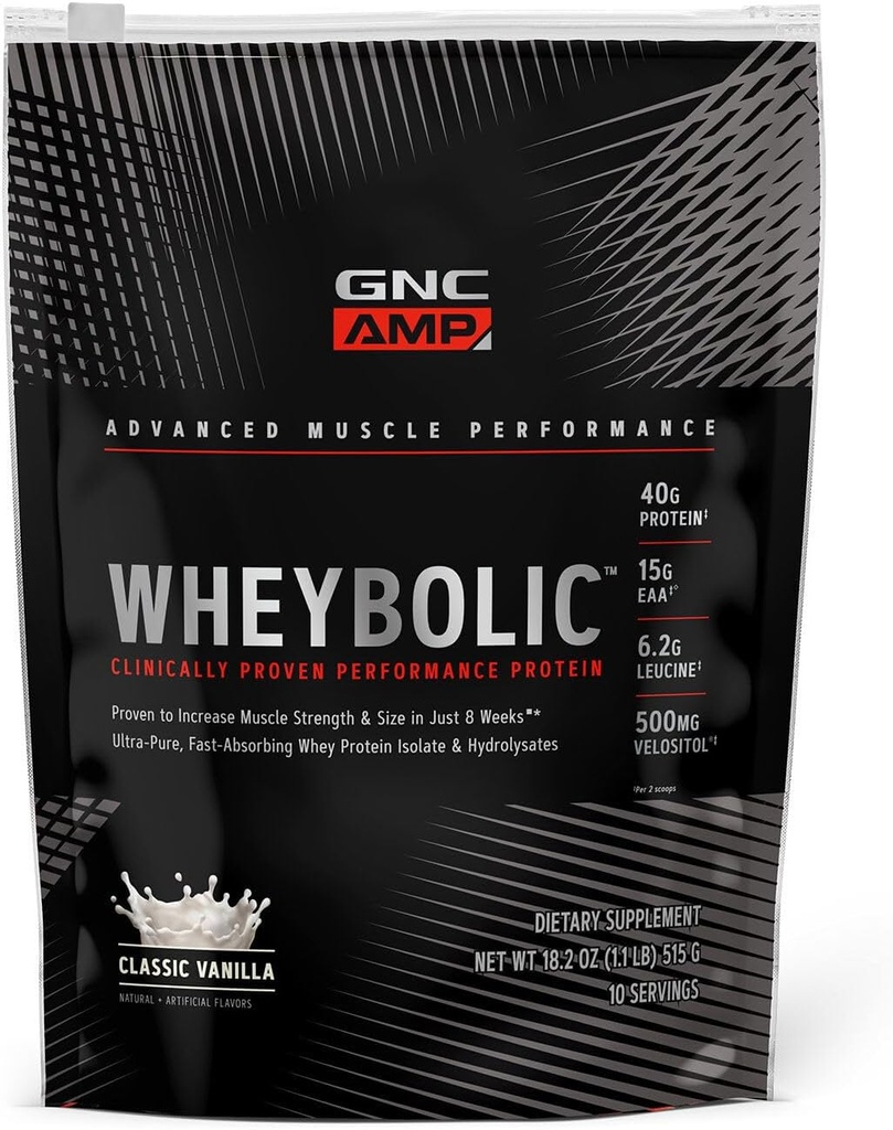 GNC AMP Wheybolic Pudră de proteine dovedit clinic, 40g Whey Proteine, BCAA, Leucine, Creste forta musculara, Constructie musculara, 3rd Party testate, Gluten gratuit, Vanilie clasica, 10 Serviri