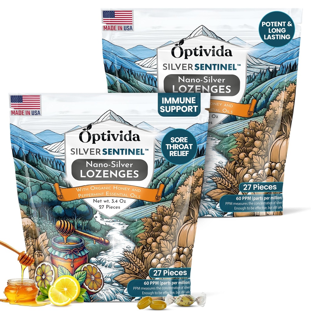Optivida Health Silver Lozenges coloidale cu miere și ulei de lămâie (2 ambalaj) - Soothing Sore Ghroat Lozenges pentru adulți cu Cough Relief & Fast-Action Nano Silver Formula pentru suport imunitar, 60 PPM