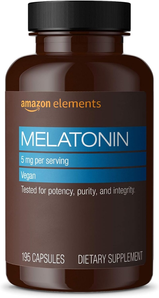 Elemente - Melatonina 5mg Capsule, Ajuta cu somnolenta ocazional, Vegan, Nearomat, 195 Conte (Pachet de 1), 6 luni de aprovizionare (Pachet poate varia)