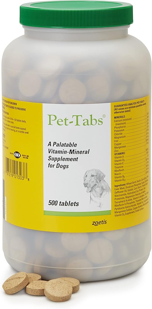 Pet-Tabs Multivitamine și Suplimentul mineral pentru câini, Tabletă masticabilă, 500 Conte Sticla pentru Multidog de uz casnic
