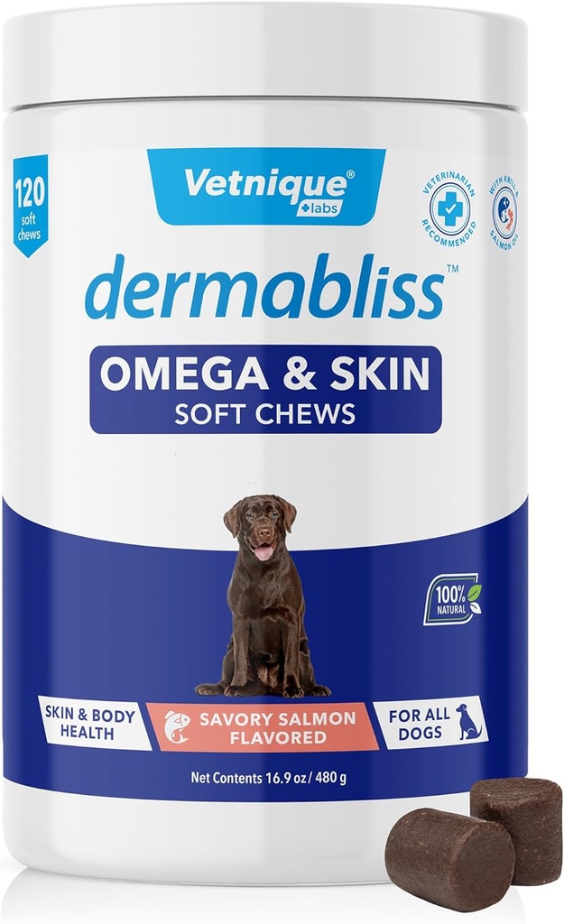Vetnique Dermabliss Omega & Skin Health Ulei de peşte pentru câini Soft Chews Soft Skin & Coat pentru câini cu Biotin & DHA - Hickory Salmon Dog Treats (120 Count Chews)
