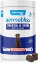 Vetnique Dermabliss Omega & Skin Health Ulei de peşte pentru câini Soft Chews Soft Skin & Coat pentru câini cu Biotin & DHA - Hickory Salmon Dog Treats (120 Count Chews)