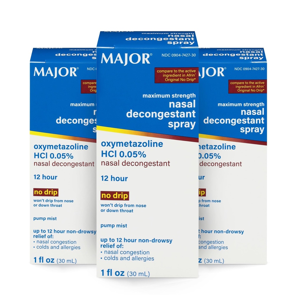 Maxim maxim de putere Nasal Spray decongestant, HCl Oxymetazolină 0.05% Pompă Mist, Spray nazal non-drowsy, până la 12-Hour Relief de congestia nazală, răceli și alergii 1 Fl. Oz. (3-Pack)