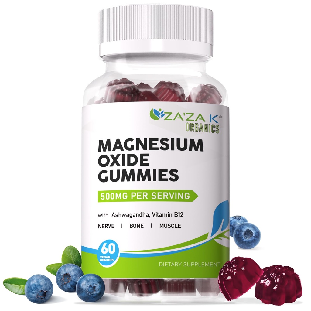 ZA'ZA K ORGANICS Gummies oxid de magneziu, oxid de magneziu 500 mg cu Ashwagandha & Vitamina B12 pentru somn, nervi, mușchi, Bone & Heart Health, Supliment masticabil de magneziu pentru adulți Copii, Vegan, 60