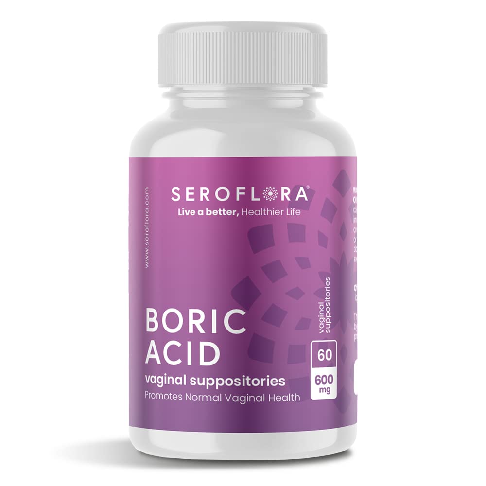 Seroflora Boric Acid Vaginal Sabitoare - Promoveaza echilibrul pH-ului vaginal si controlul Odorului cu pudra fina de grad medical USP, Easy Dizolvation, Made in USA -600 mg 60 Conte