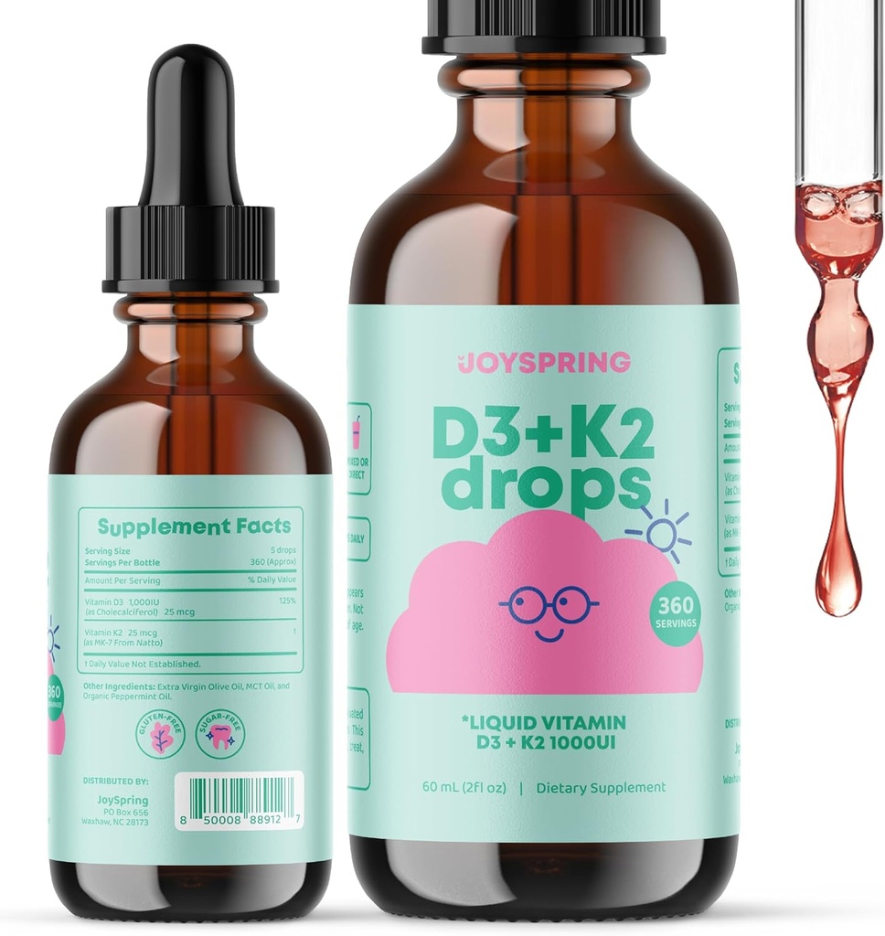 JoyPrimavara picaturi de vitamina D pentru copii mici pentru a sprijini creșterea, Bone, și sănătatea imună, copii Suplimente de zinc - Elderberry cu zinc lichid și zilnic complexe B vitamine cu vitamina B2, B6, B12 și B5