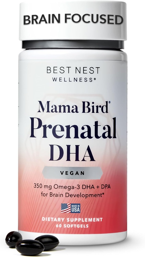 Cel mai bun Nest Wellness Mama Bird Vegan Prenatal DHA - Brain & Eye Supplement pentru copil - Vegan Prenatal Supliment cu Algae DHA - Supliment nutritional pentru mama - 60 Softgels