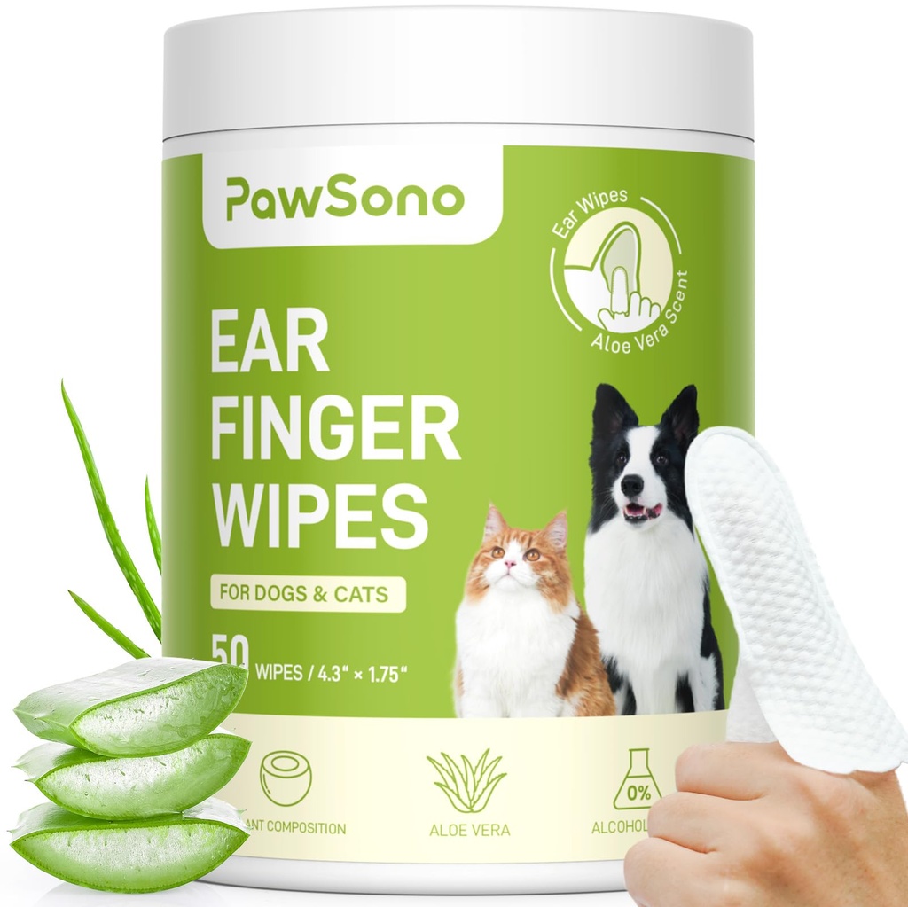 Ureche Degetul Urechi pentru câini și pisici, mai gros Dog Ureche Curățator Șervețele, Natural Relief Cat Ear Cleaner Dog, Pet Health Provisions for Dog Small Animal Cat, Aloe Scent Deodorizing - 50 Conte
