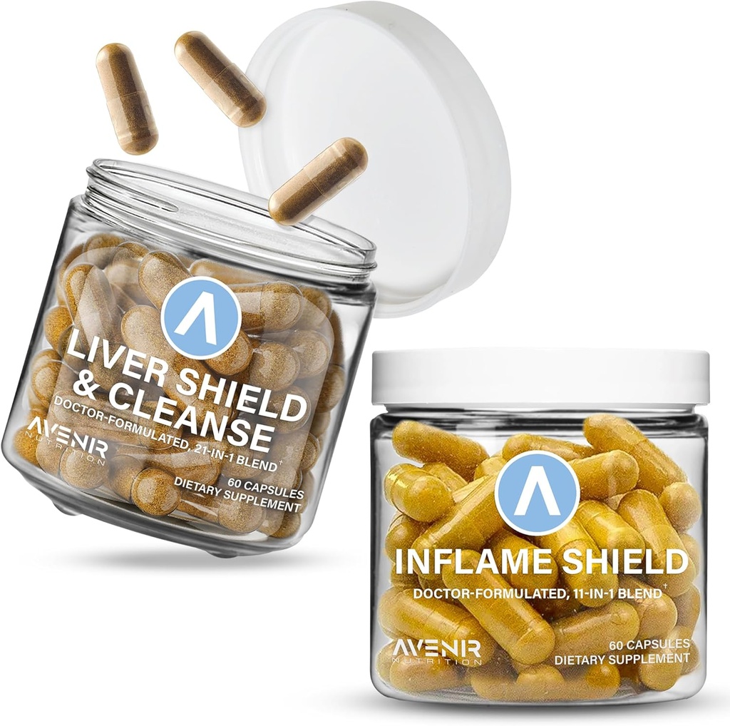 Avenir Nutrition Shield Hard Bundle - Ficat Cleanse Detoxifiere & Reparaţie şi Inflame Shield - Milk Thistle, Turmeric şi Ginger Suplimente - 60 Capsule Fiecare
