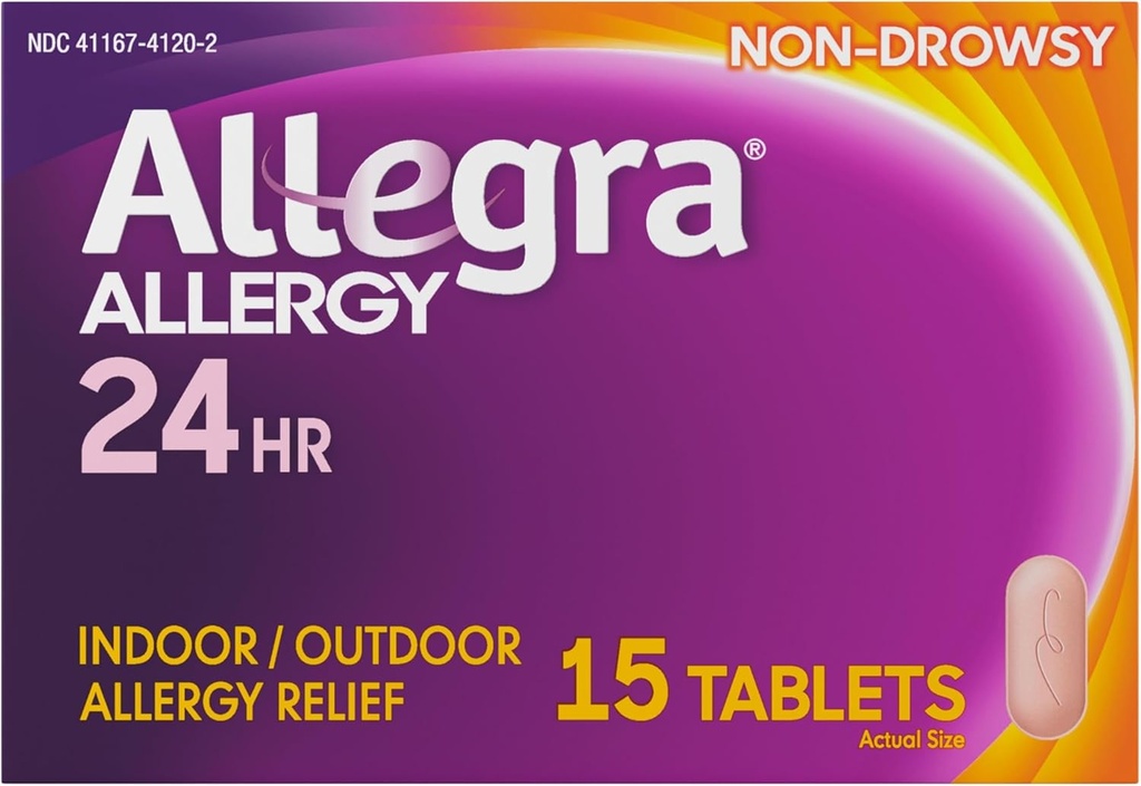Allegra Adult 24HR Antihistamin non- Drowsy, 15 comprimate, Relief pentru alergii rapide, 180 mg