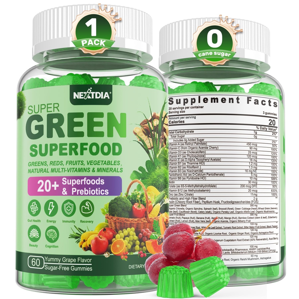 Super Greens Gummies, Greens Superfood Powder Alternative w/Spirulina, Chlorella, Prebiotic Fiber, Probiotic, Fruit Veggie, Daily Greens Legale pentru Digestive & Gut Health, Imunity, Focus, 60 Cts