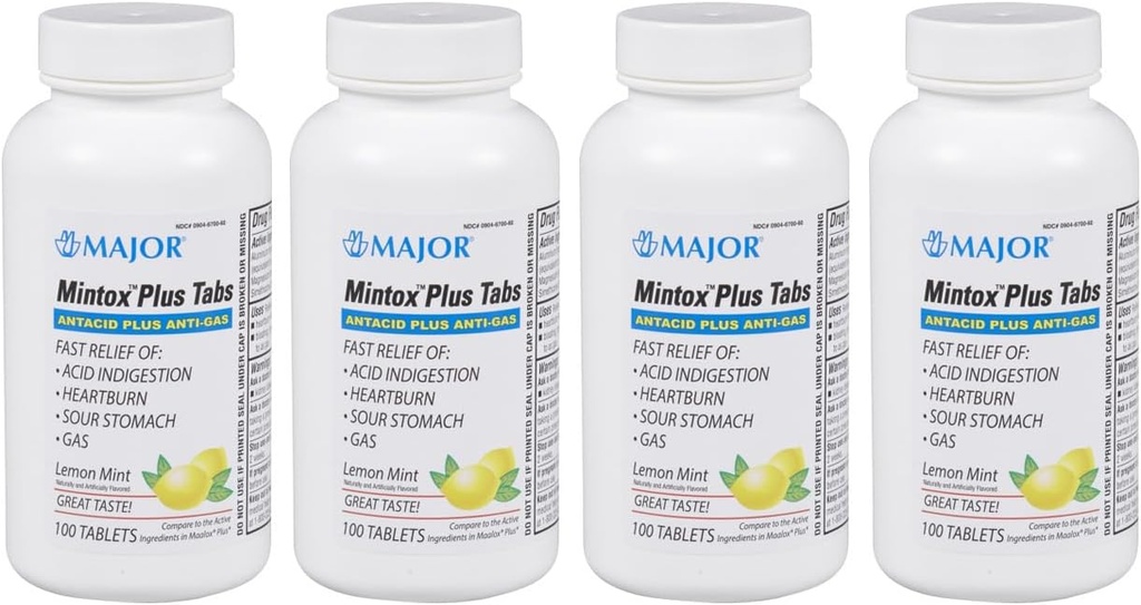MAJOR Mintox Plus Tabs - Antiacid Plus Anti-Gas comprimate - Ajuta rapid la ameliorarea acid indigestie, arsuri la stomac, stomac acru, și gaz - Lemon Mint aromat - 100 Conte (4 Pack)