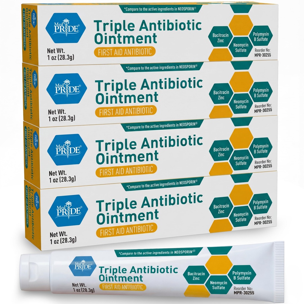 MED Pride Triple Antibiotic Pride Ointment Tub 1 Oz 4-Pack, Primul Ajutor pentru Răni minore, Zgârieturi, Abraziuni, cu Zinc, Neomicină, Polymyxin