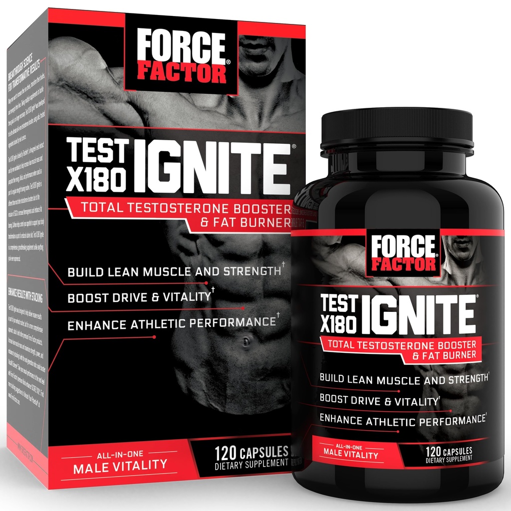 Force Factor Test X180 Ignite Total Testosteron Booster pentru bărbați cu semințe de schinduf și extract de ceai verde pentru a construi musculare Lean, Boost Energy, și îmbunătățirea performanței, 120 Conte