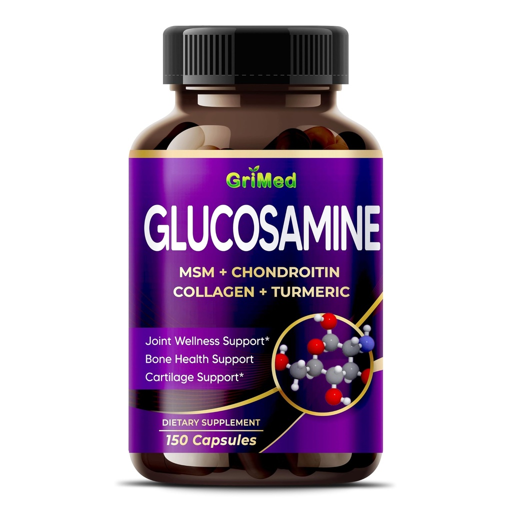 GriMed Glucosamine 12,000mg - X12 Putere cu MSM, Chondroitin, Colagen, Turmeric pentru Wellness comun, Oase puternice, Suport cartilage - Statele Unite ale Americii Made & Testat