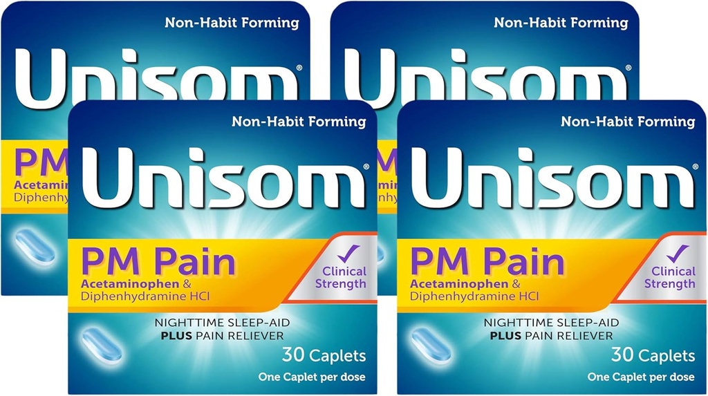 Unisom PM Durere noapte somn-ajutor + Durere Reliever, Acetaminofen & Difenhidramină HCI, 30 Caplete, 50 mg (Pachet de 4)