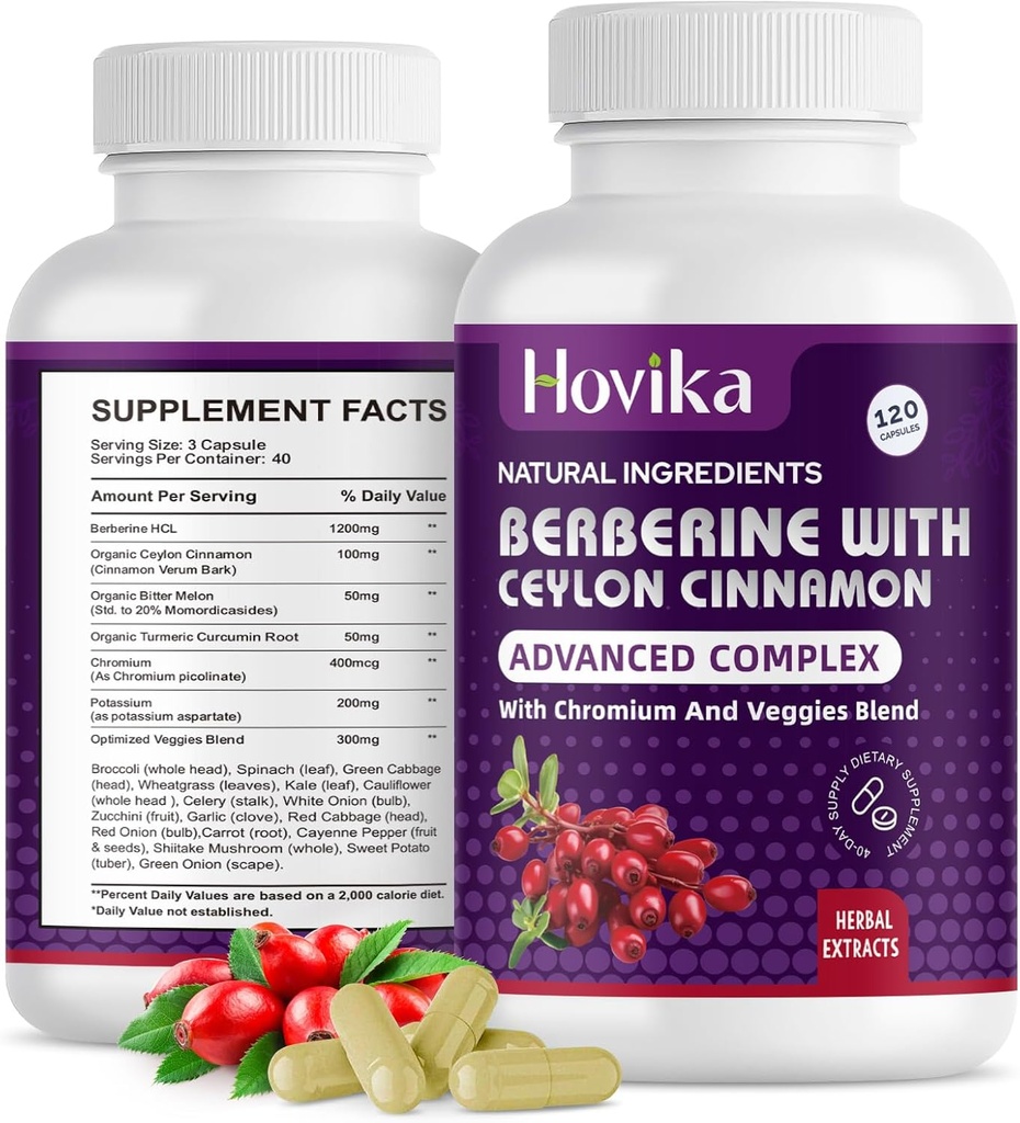 Berberine HCL Capsule 1200 mg - Berberine Supliment cu Ceylon Scorţişoară, Crom, Veggie Blend - Susţine metabolismul şi sistemul imunitar, Gut Health - 120 ct Easy to Swallow Vegan Pilule