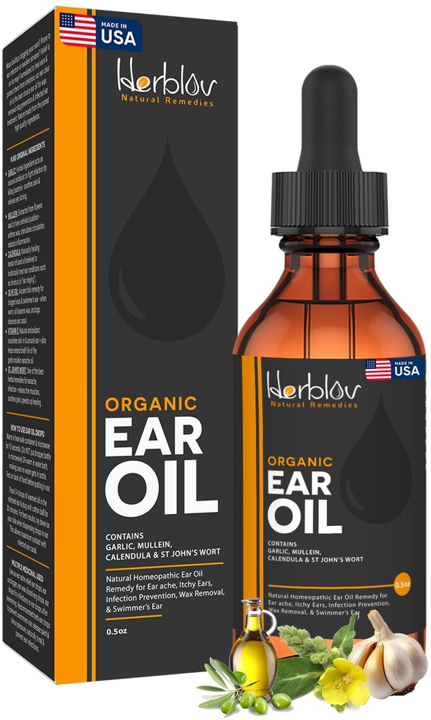 Ulei de ureche organic pentru infectii ale urechii - picaturi naturale pentru prevenirea infectiilor, indepartarea urechii si ceara inotatoare - copii, adulti, bebelus, caine Earache Remedy - cu Mullein, Usturoi, Calendula, Made in USA