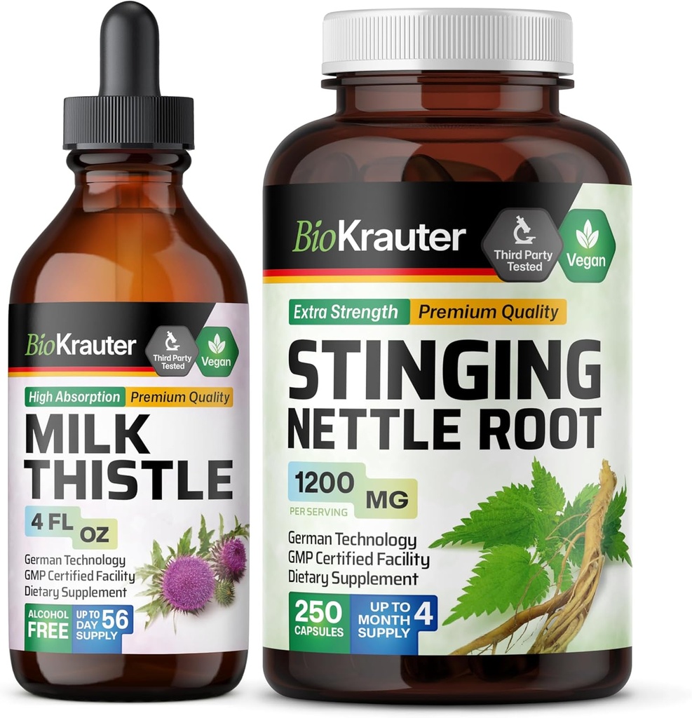 BIO KRAUTTER Milk Thistle Tincture 4 Fl. Oz. & Stinging Nettle 250 capsule