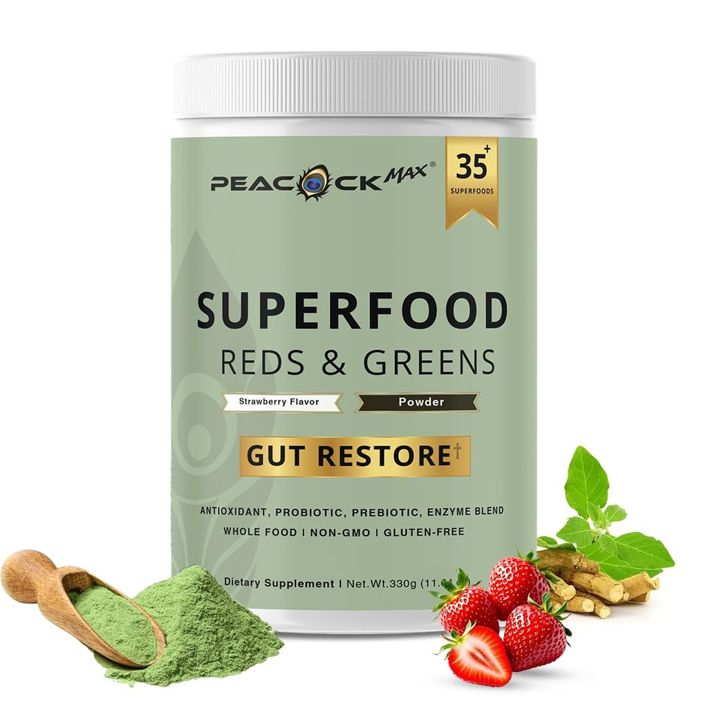 Superfood Reds & Greens Powder - 11.64 oz, Prebiotice & Probiotice pentru Digestive Health, Super Greens Powder cu Ashwagandha pentru Gut Health, Imunity, Antioxidanti, Vegan, Non-GMO