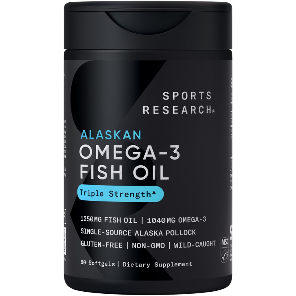Sports Research Triple Force Omega 3 Ulei de peşte - Burpless Fish Oil Supplement w/EPA & DHA Fatty Acids from Single-Source Wild Alaska Pollock - 1250 mg, 90 ct