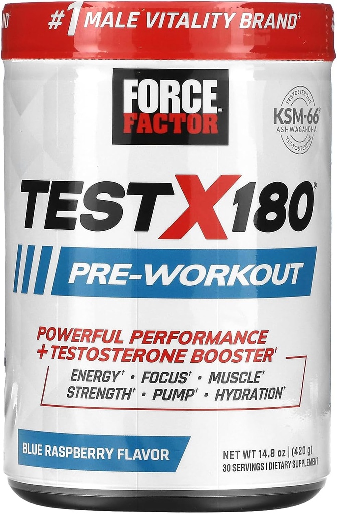 Force FACTOR Test X180 Pre-Workout pulbere & Suplimentul energetic, Boost Focus & Endurance, Constructii musculare & Putere, Nitricoxid Supliment cu Ashwagandaha & L-Citrulline, Blue Raspberry, 30 Serviri