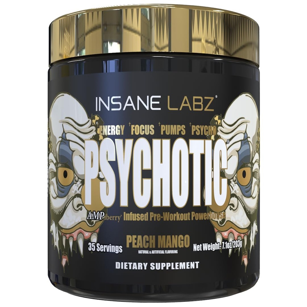 Insane Labz Psychotic Gold, High Stimulant Pre Workout Powder, Extreme Listing Energy, Pompe și Endurance with Beta Alanine, DMAE Bitartrate, NO Booster (35 Servings, Peach Mango)