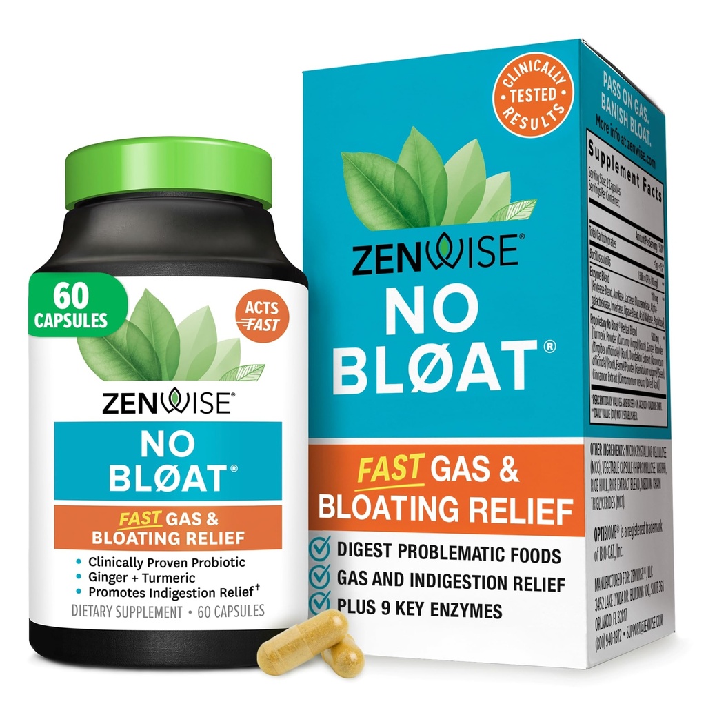 Zewise Health No Bloat Digestive Enzymes for Gut Health, Gas & Bloating Relief - Multi Enzime Digestion Supplement with Probiotics, Ginger, Turmeric Dandelion & Lactase - Men & Women - 60 Count