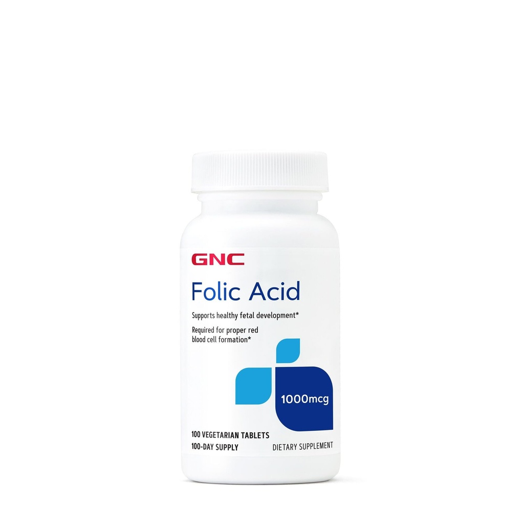 GNC Acid folic 1000mcg, susţine dezvoltarea fetală sănătoasă, necesară pentru formarea adecvată a celulelor roşii sanguine, Formula vegetariană, 100 Conte