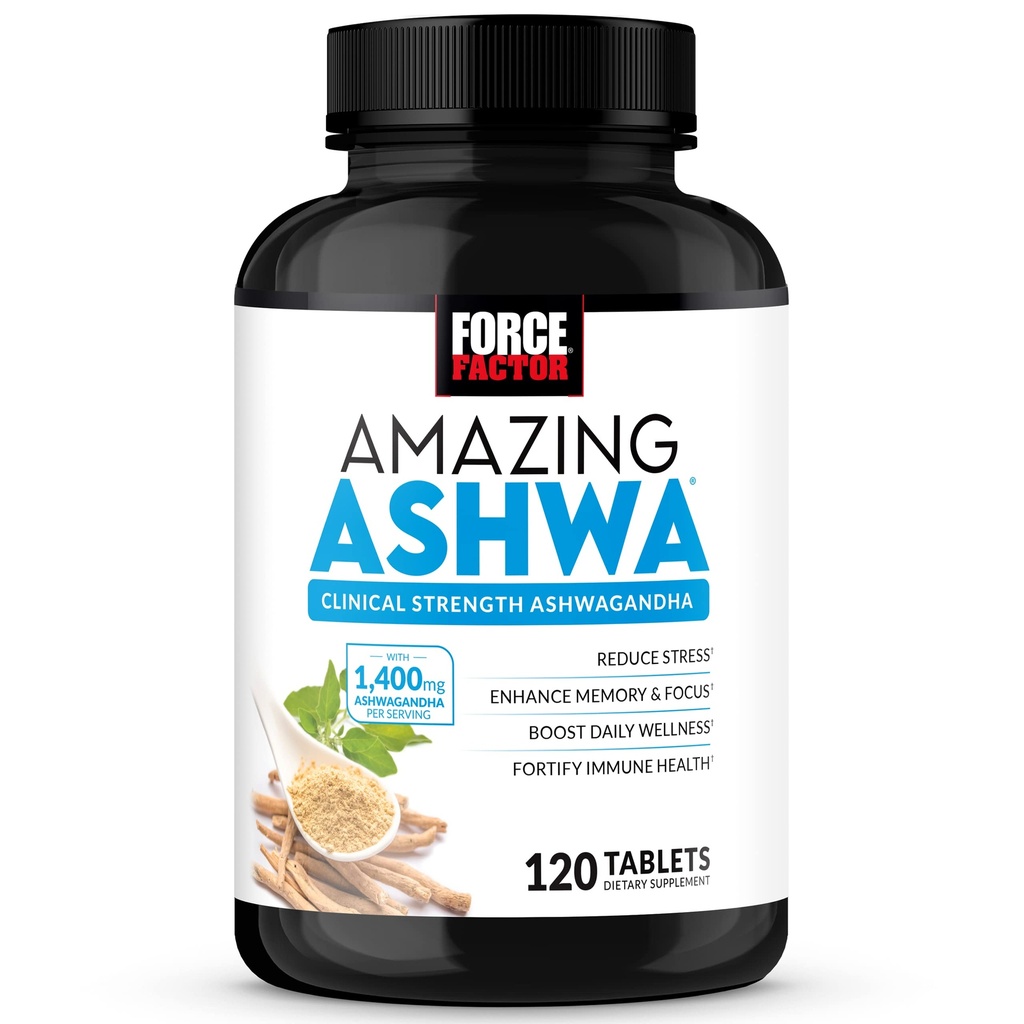 Force FACTOR Amazing Ashwa, KSM-66 Ashwagandha Supliment pentru Stres Relief, Focus, Memory, Immune Support, cu vitamine, Minerale & Antioxidanti, Cortisol Suplimente pentru Femei, 120 comprimate