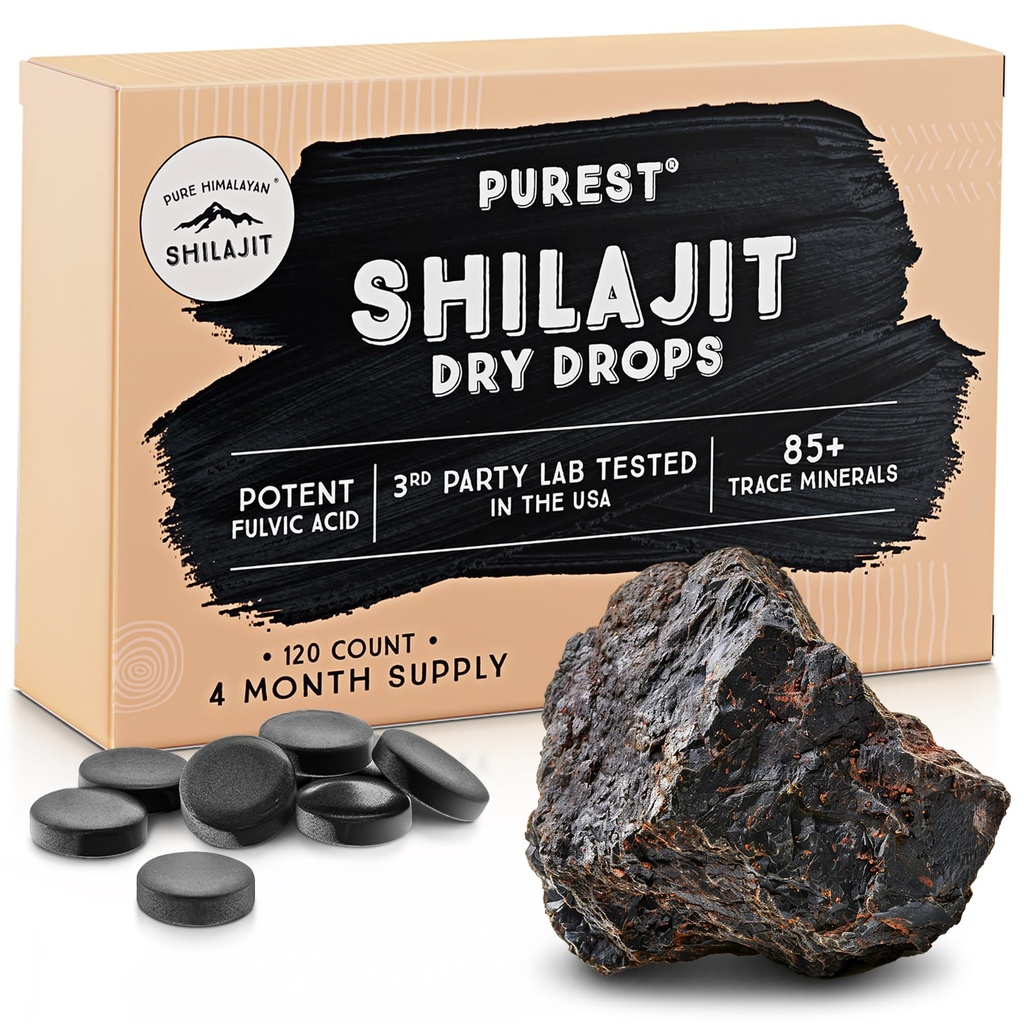 Picături uscate pure Himalayan Shilajit, 100% Silajit natural pur, Gradul A, Potență maximă 85+ Minerale și acid fuzilic curat pentru energie, Supliment de sprijin metabolic și imun pentru bărbați și femei (120 file)