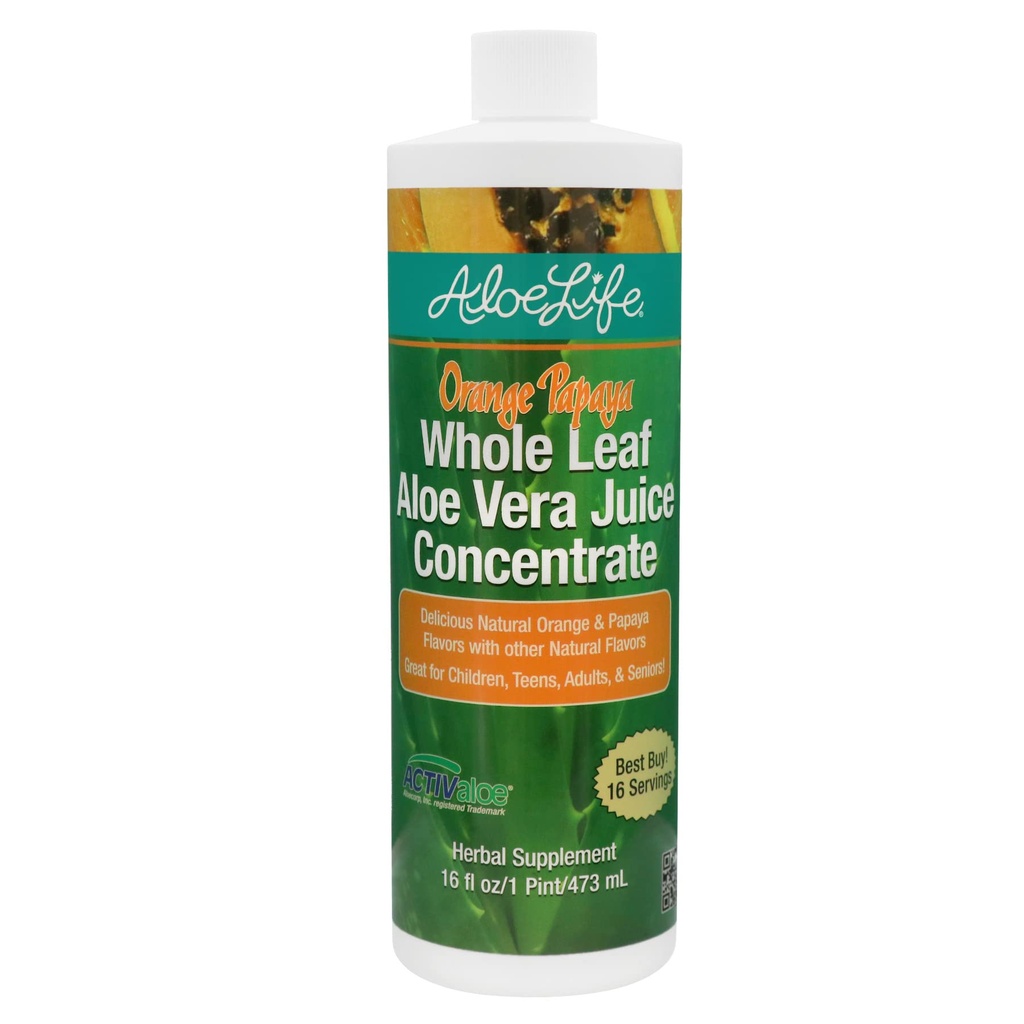 Aloe Life - Leaf întreg Aloe Vera Juic, Certified Organic, Gluten-Free (Orange Papaya, 16 oz)