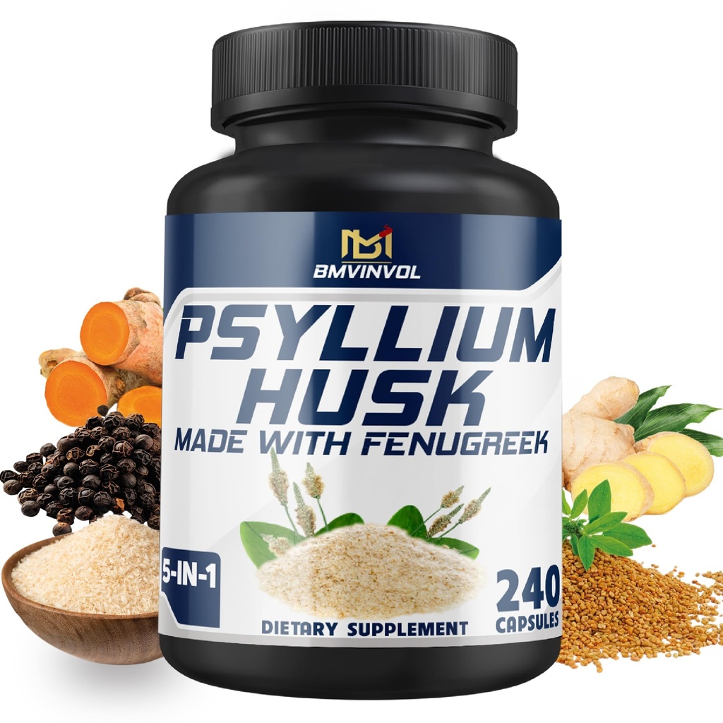 BMVINVOL Psyllium Husk Capsule Fibra Supliment cu Schinduf, Turmeric, Ghimbir, Pepper Negru - Suport Sistem digestiv, Sănătate intestinală - 240 Conte pentru 4 luni de aprovizionare