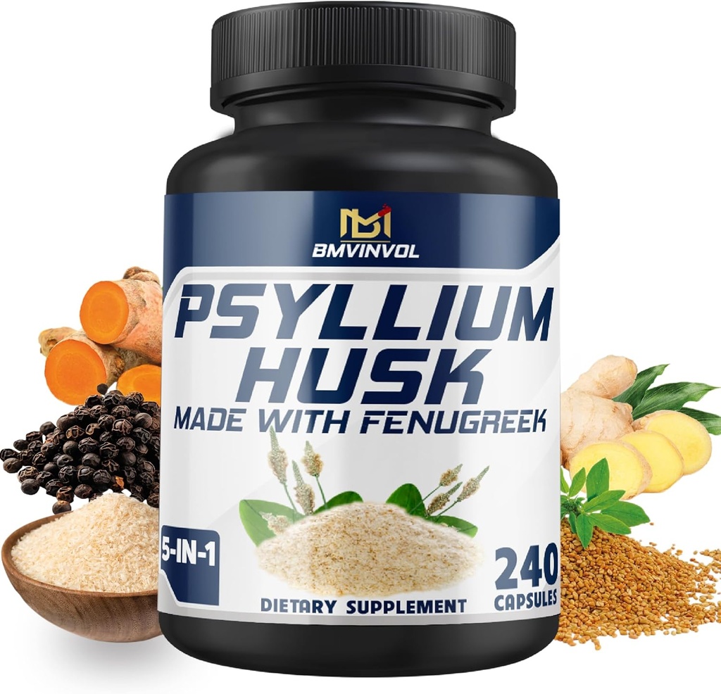 BMVINVOL Psyllium Husk Capsule Fibra Supliment cu Schinduf, Turmeric, Ghimbir, Pepper Negru - Suport Sistem digestiv, Sănătate intestinală - 240 Conte pentru 4 luni de aprovizionare